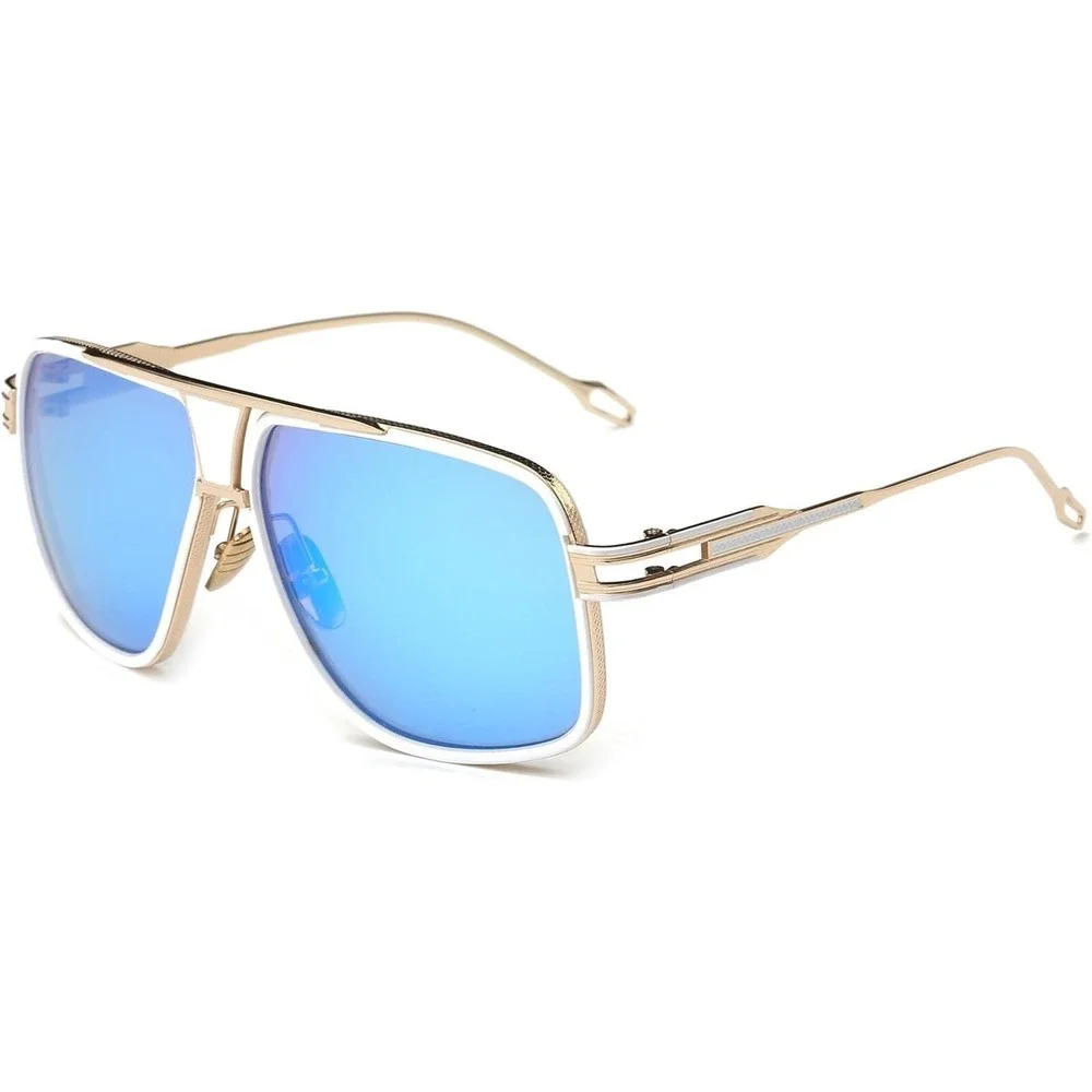Aviator Sunglasses Blue Mirrored Lens Gold White Frame Square Fashion Lentes New